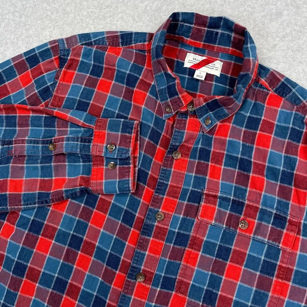 Best Made Co Flannel Shirt Mens Large Red Blue Plaid Linen Cotton Blend Preppy